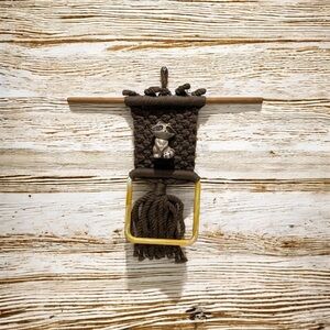 Vintage 1970’d Macrame Towel Holder With Racoon